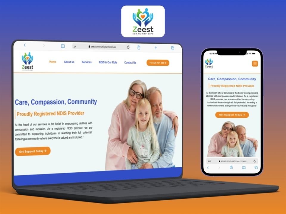 Zeest Community Care website shown on laptop and phone